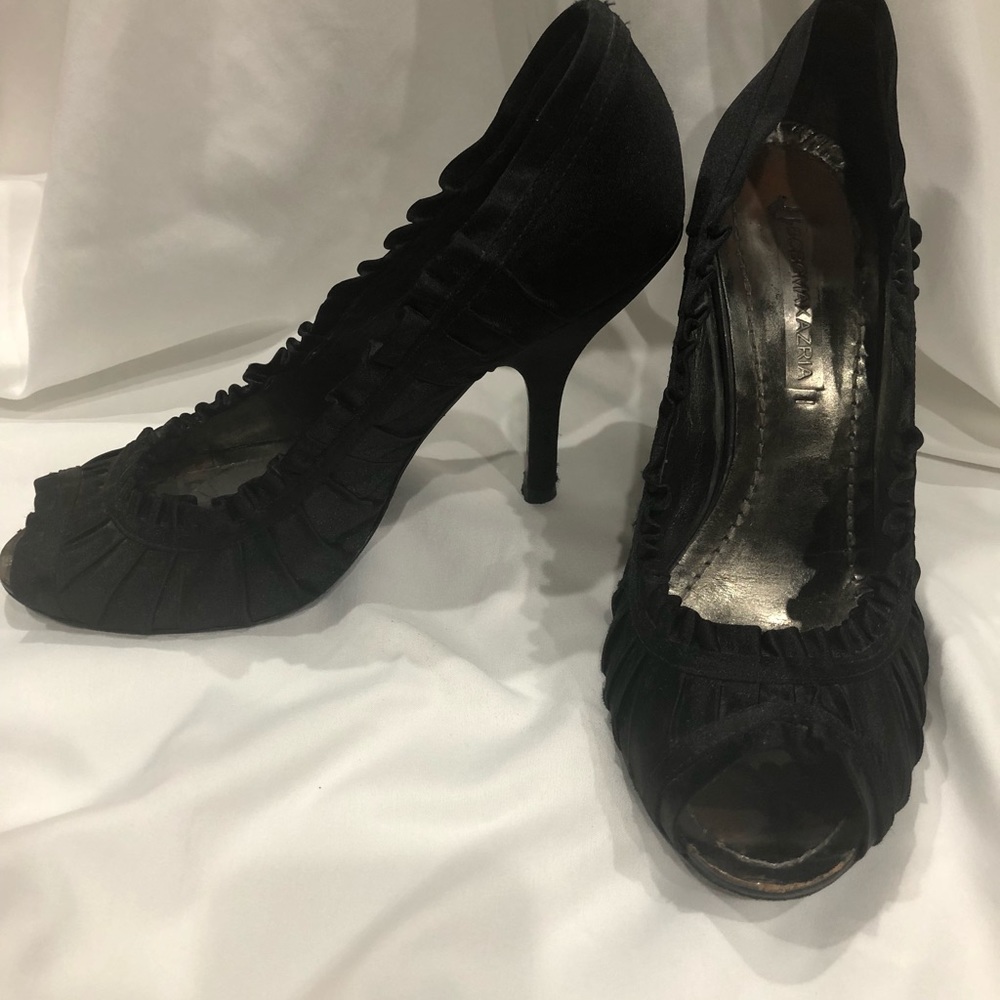 BCBG Satin Peep Toe Heels - Black Size 8.